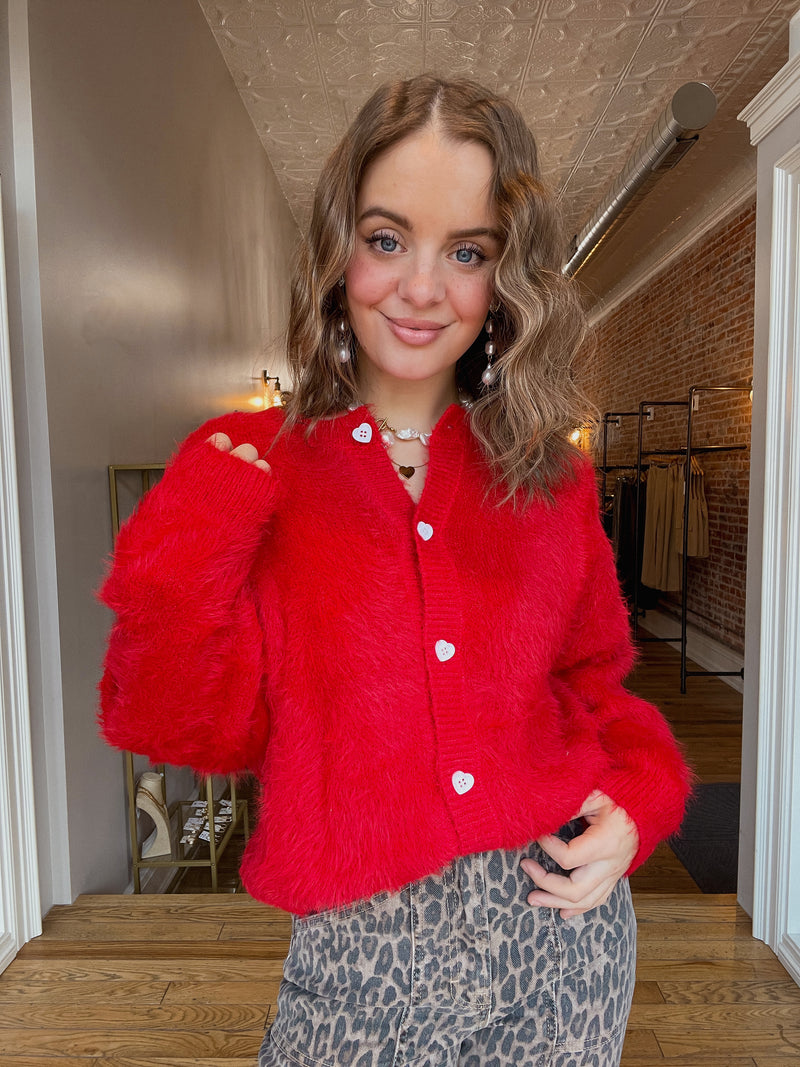 Fuzzy Heart Button Cardigan