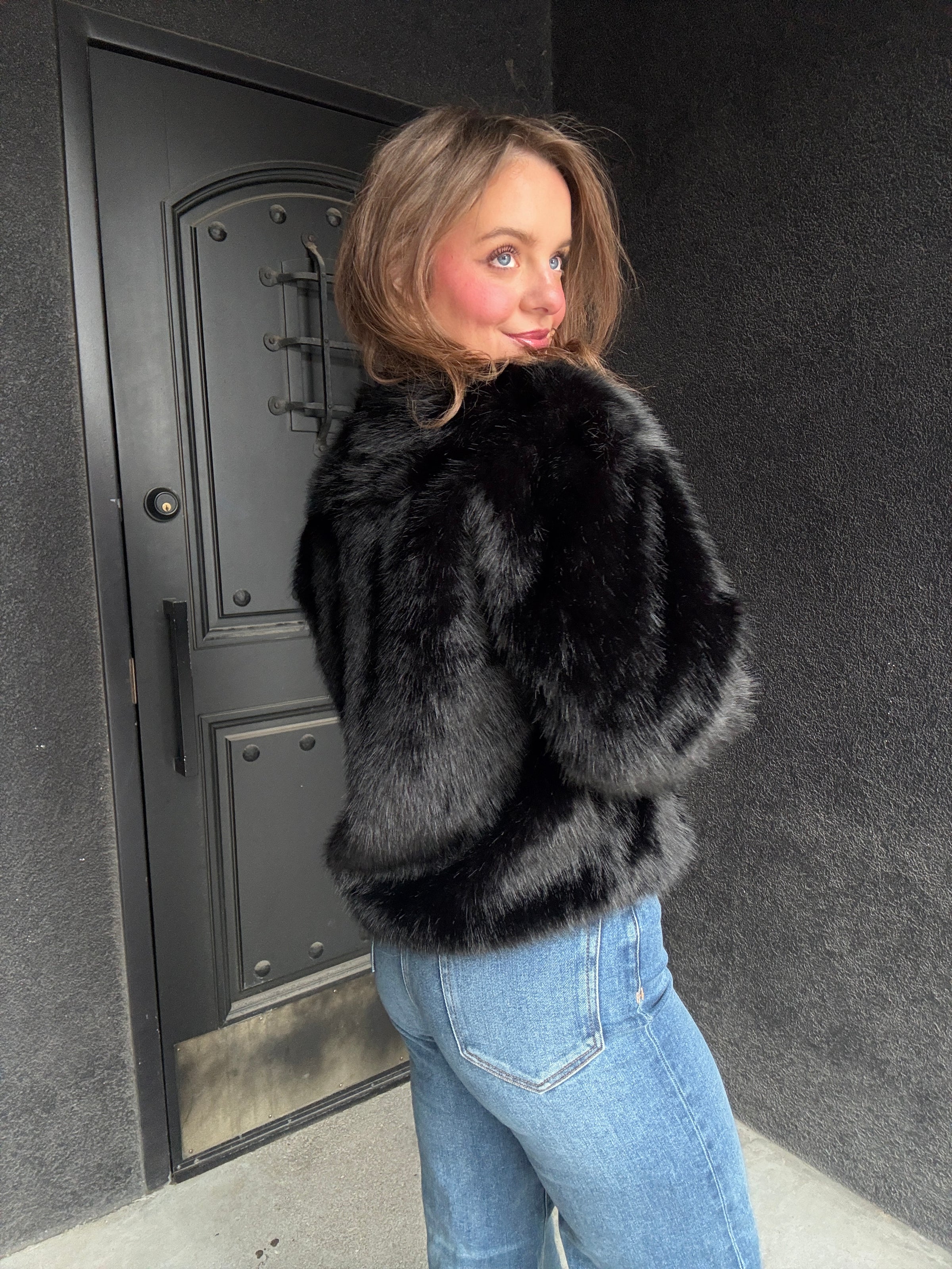 Faux Fur Open Jacket - Black