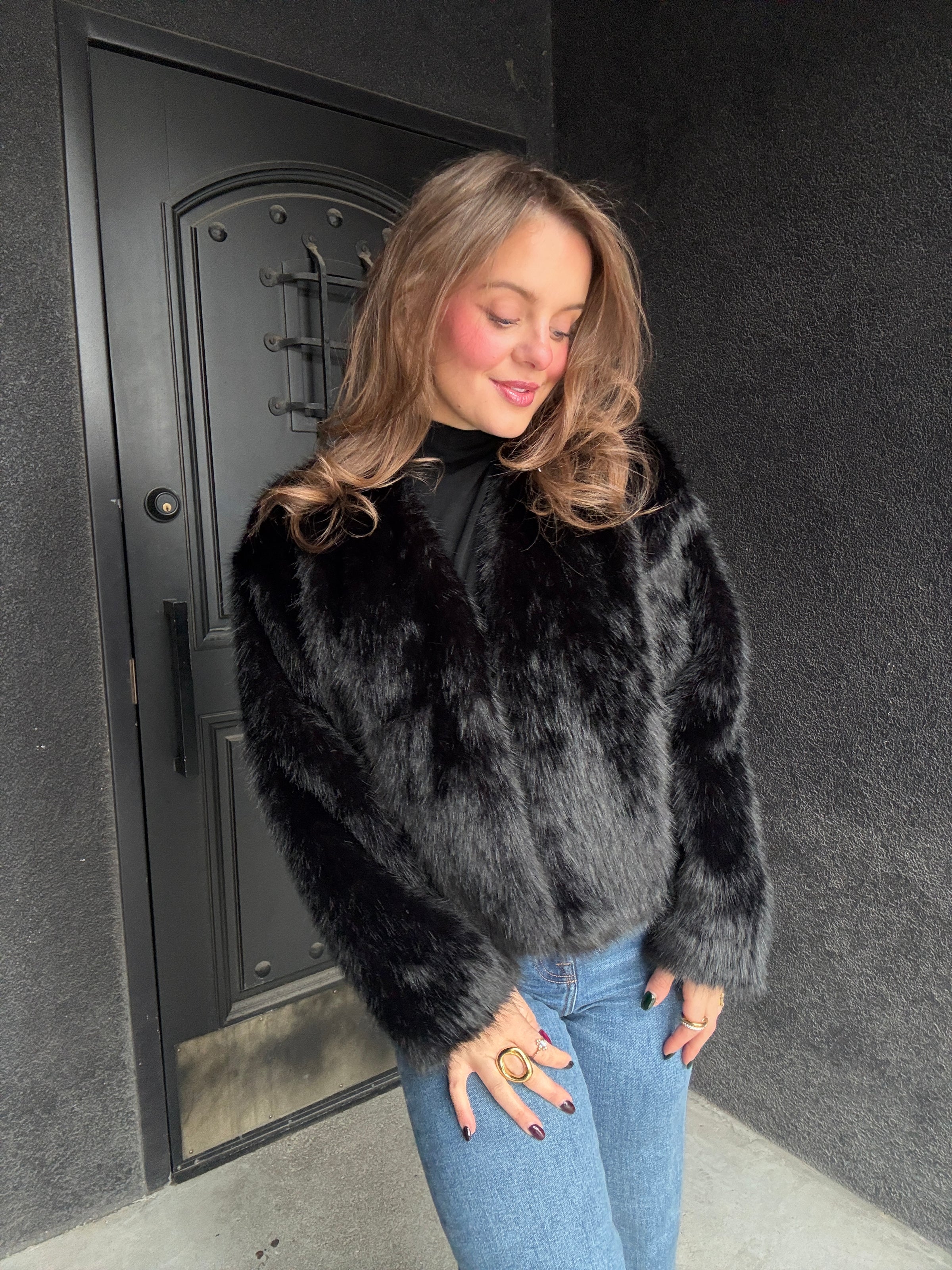 Faux Fur Open Jacket - Black