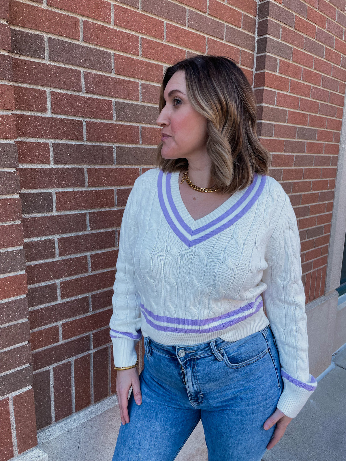 Lavender Stripe Varsity Sweater