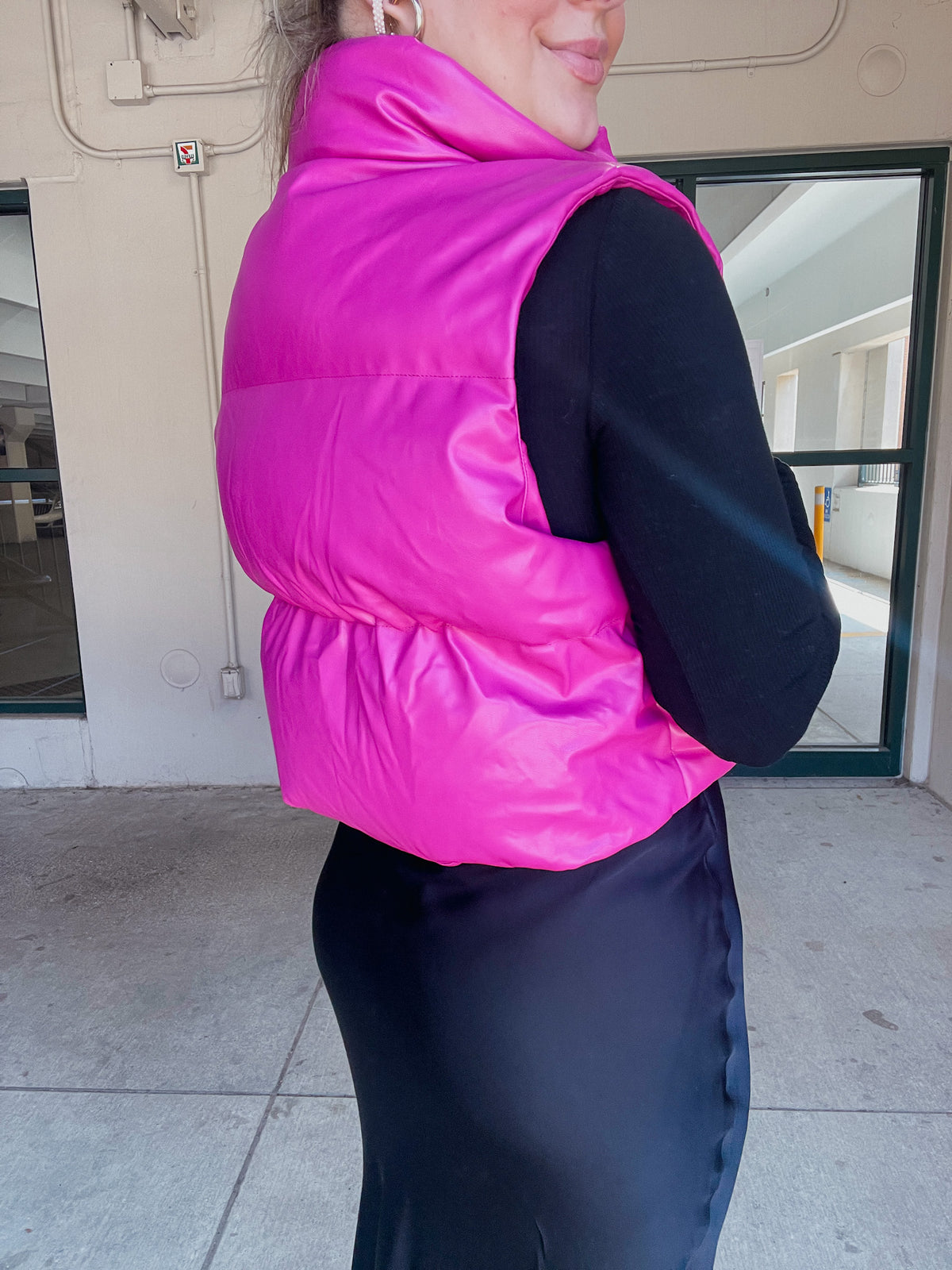 Crop Puff Vest - Fuchsia