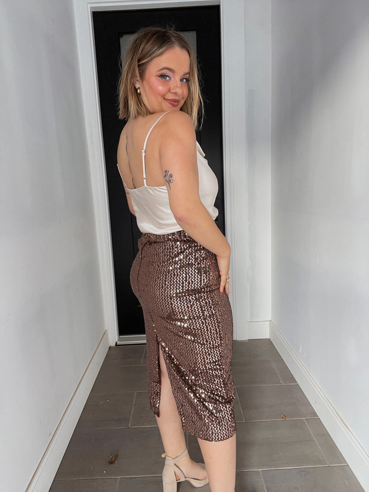 Sequin Midi Skirt - Bronze