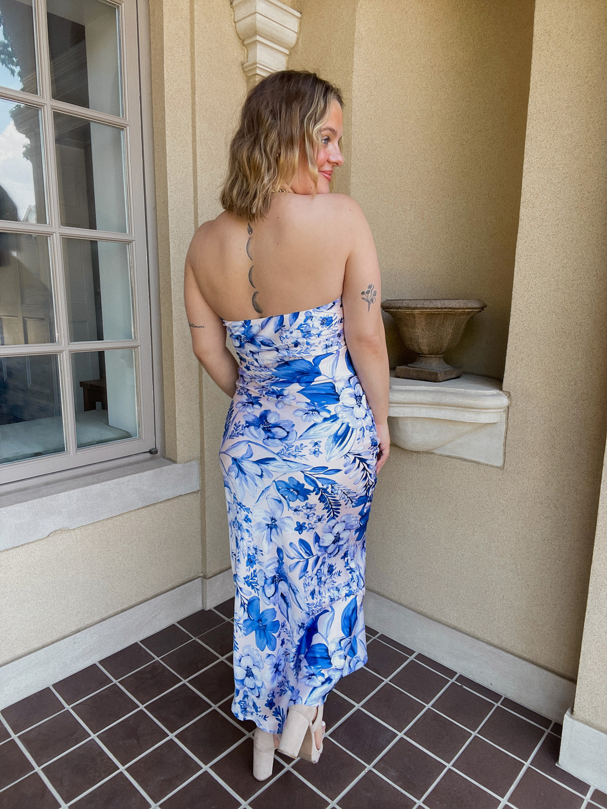 Blue Floral Satin Maxi Dress