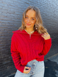 Cable Knit Quarter-Zip Sweater - Red