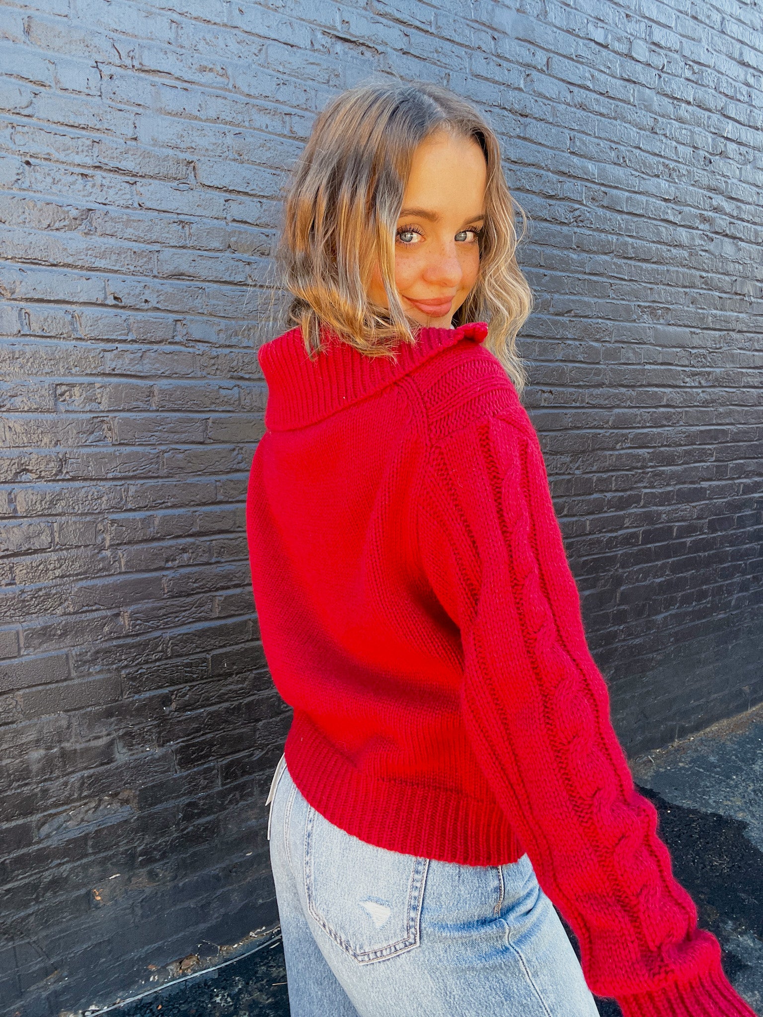 Cable Knit Quarter-Zip Sweater - Red