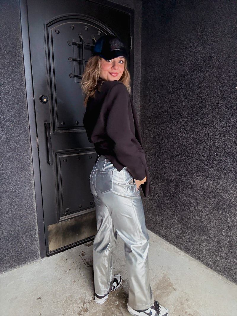 Lupe Straight Faux Leather Metallic Pants