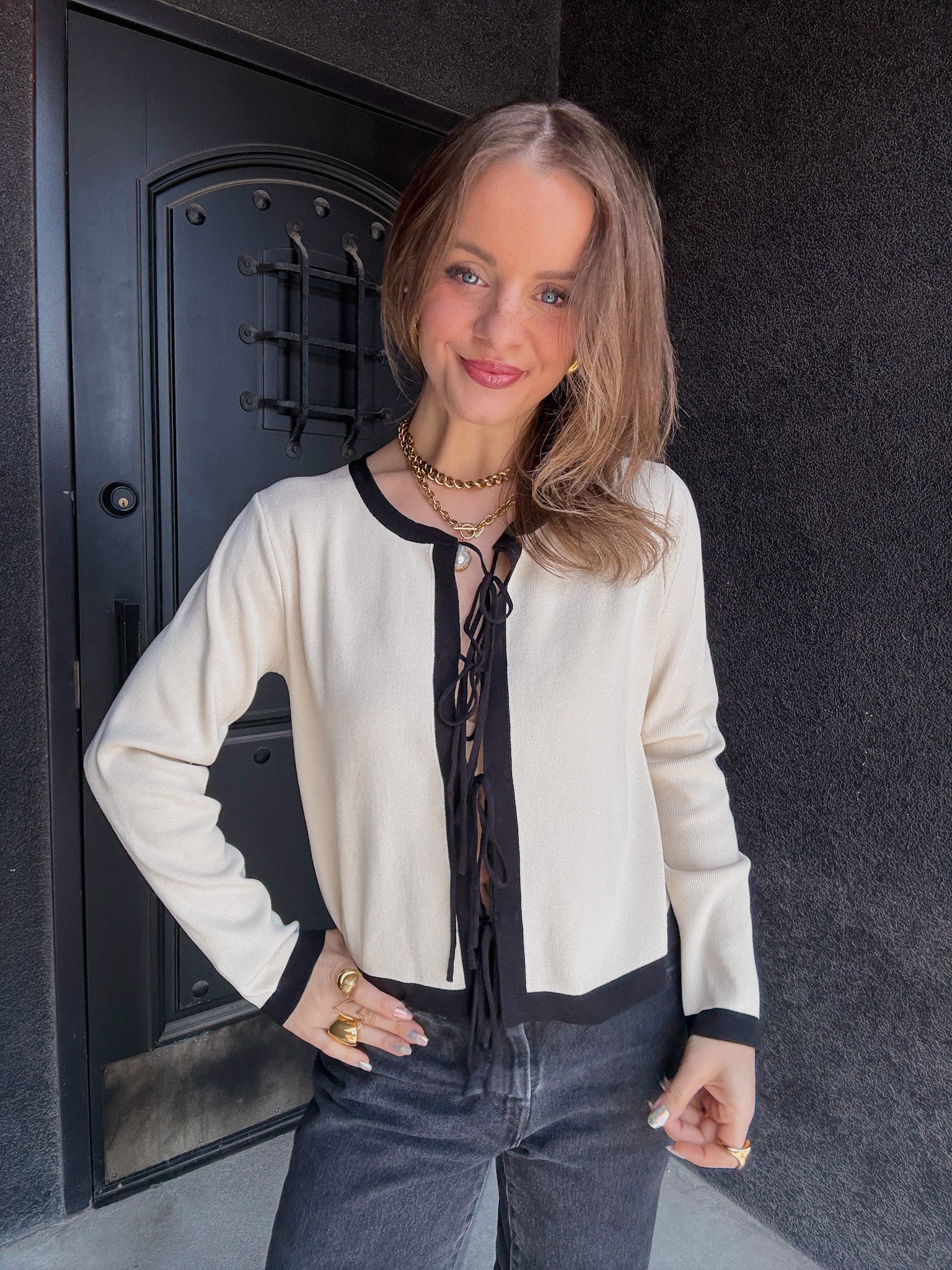 Contrast Tie Front Cardigan