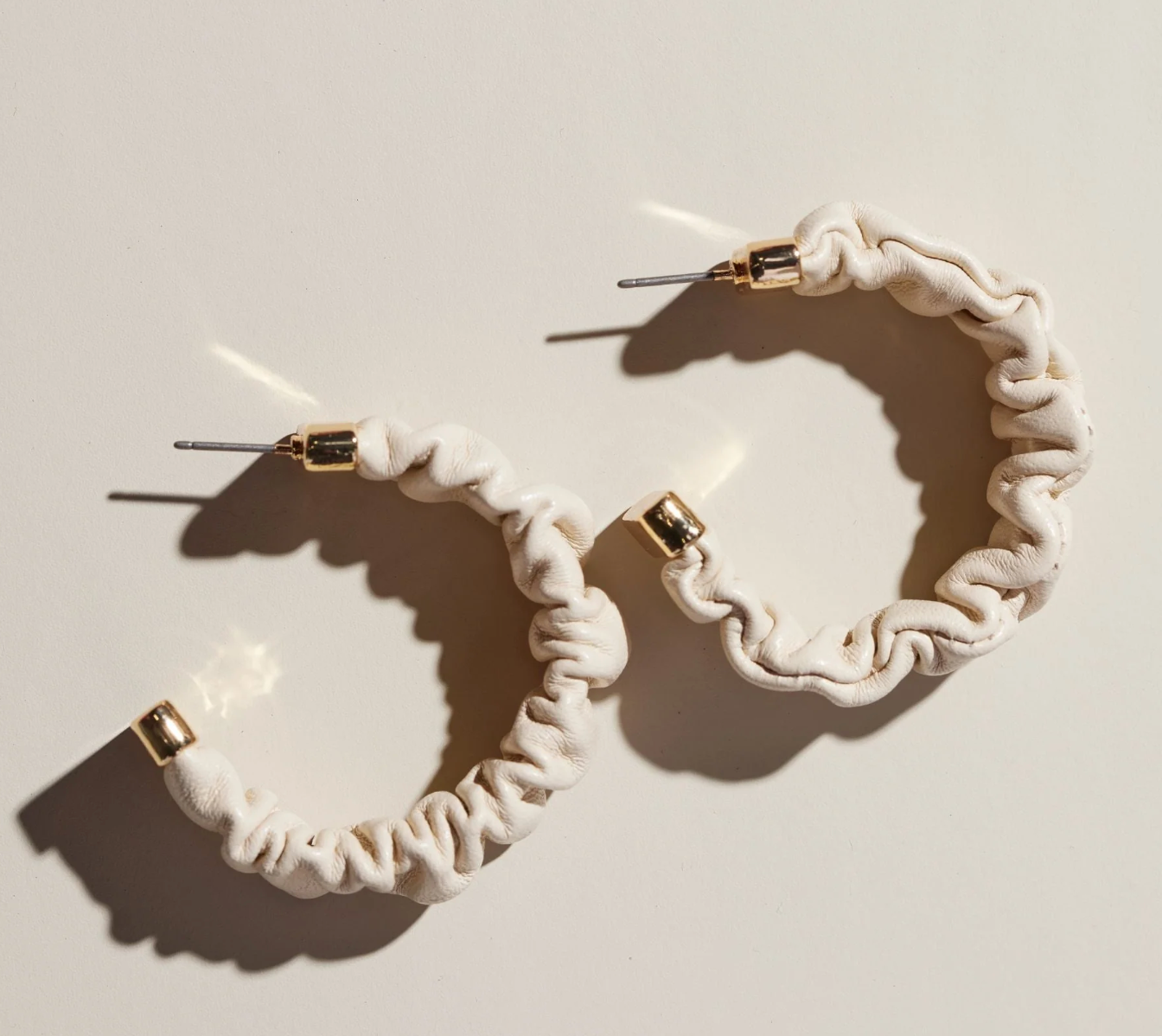 Cream Rosalia Ruched Leather Hoops