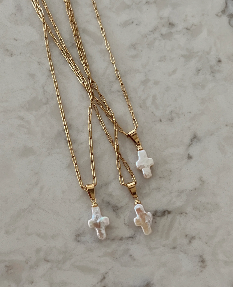 Dainty Pearl Cross Necklace