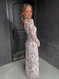 Pink Floral Mesh LS Maxi Dress