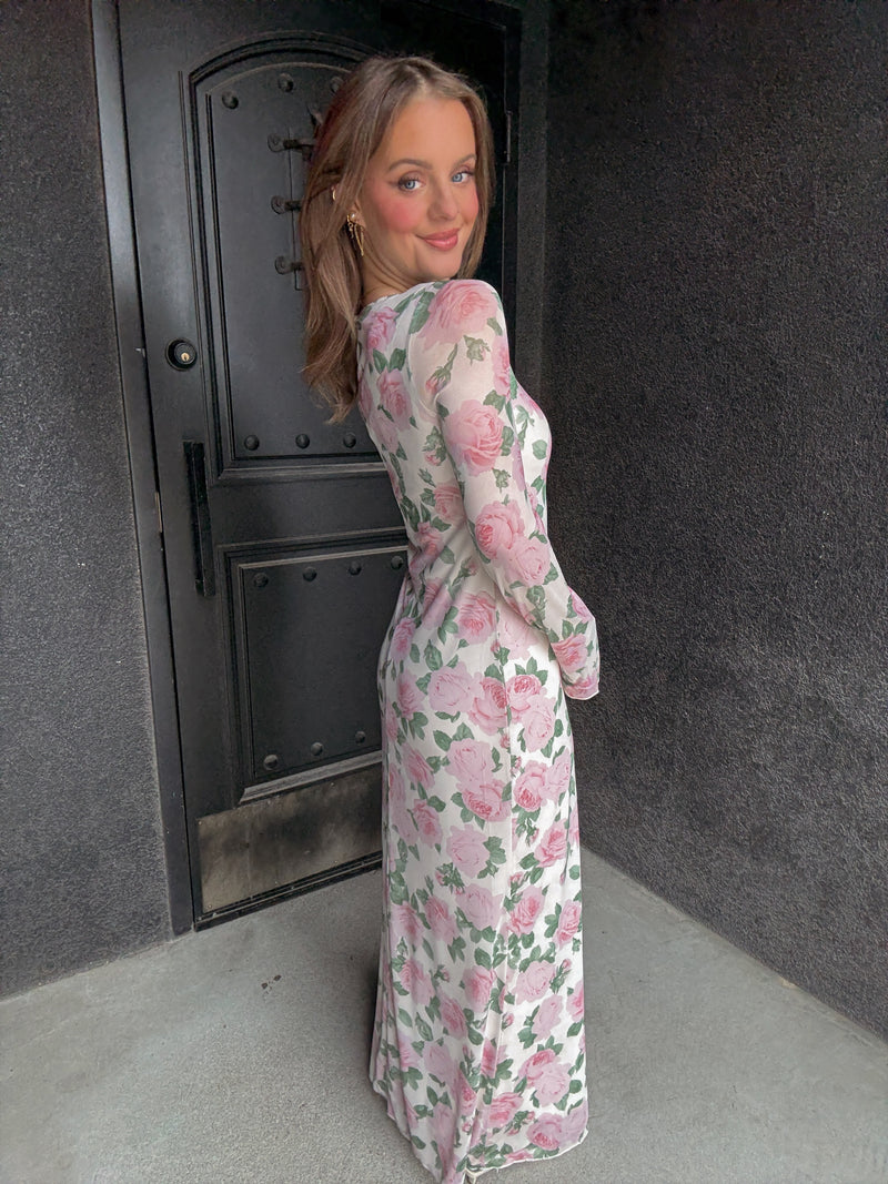Pink Floral Mesh LS Maxi Dress