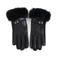 Faux Leather Gloves w/Faux Fur: Black