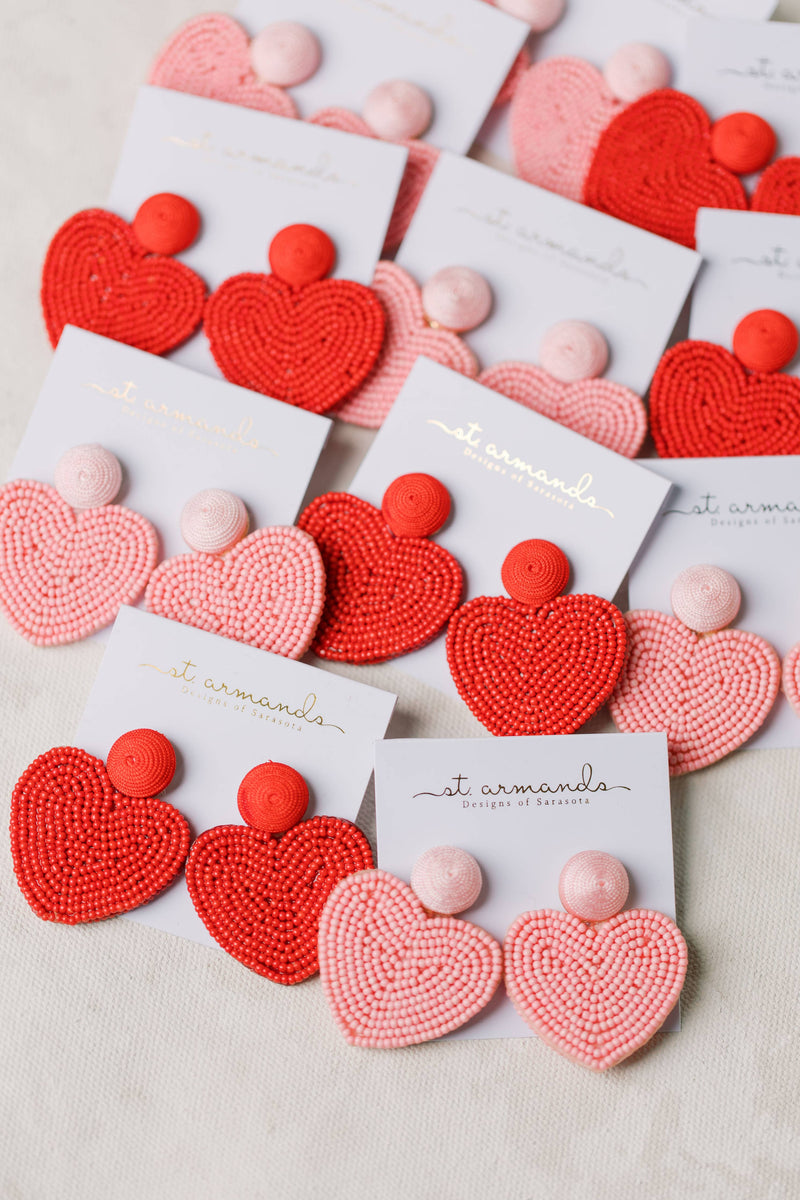 Pink Valentines Day Holiday Beaded Heart Statement Earrings