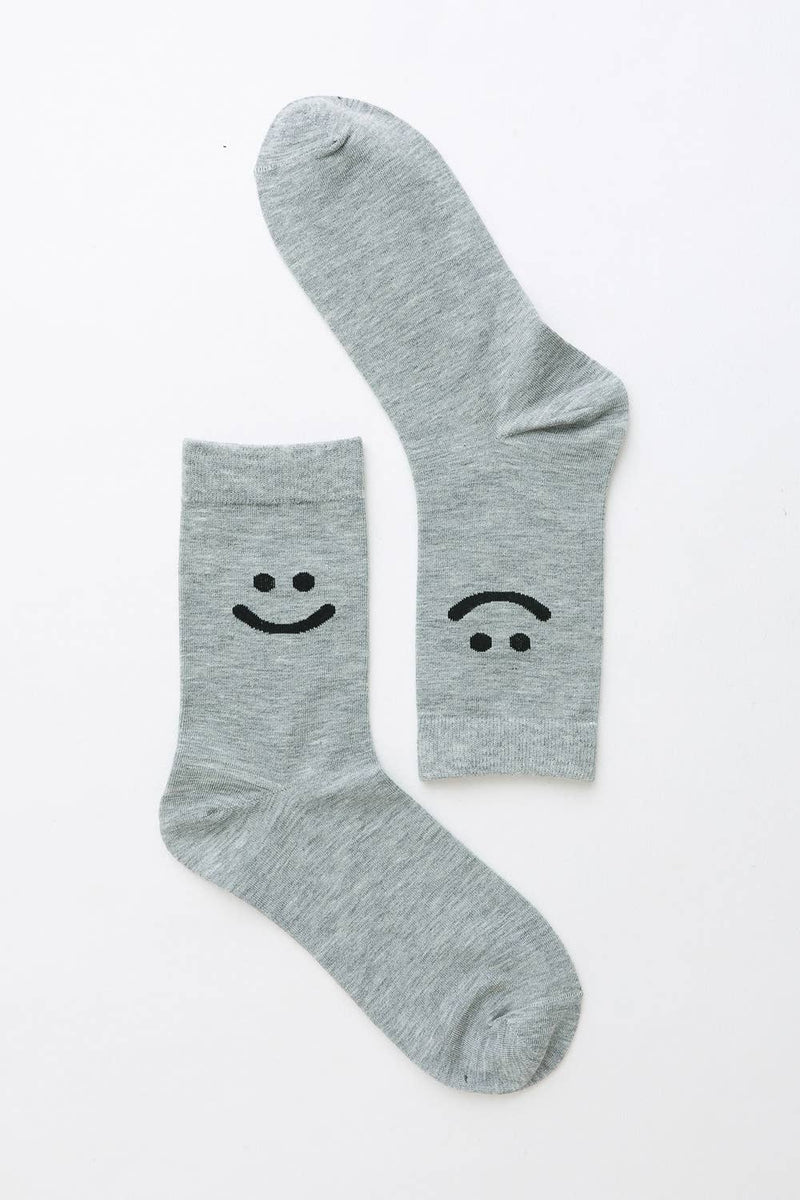Smiley Face Crew Socks: Gray