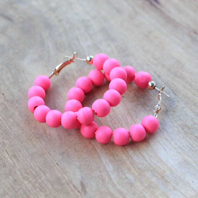 Hot Pink Clay Beaded Hoops