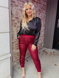 Sassy in Sequins Joggers - Burgundy