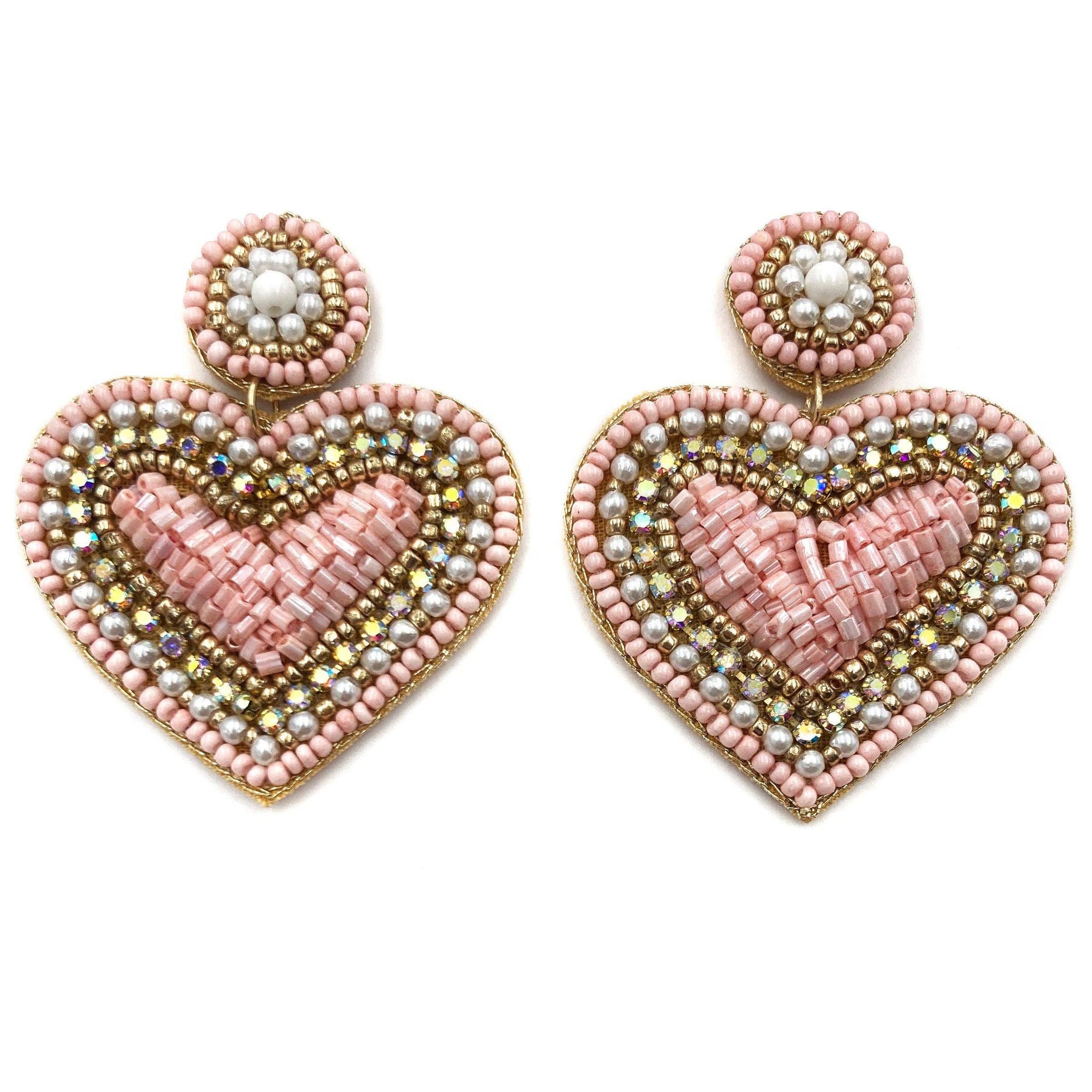 Pink Heart Seed Bead Post Dangle Earrings