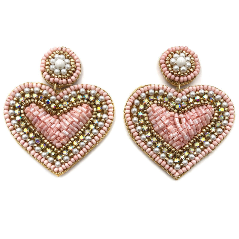 Pink Heart Seed Bead Post Dangle Earrings