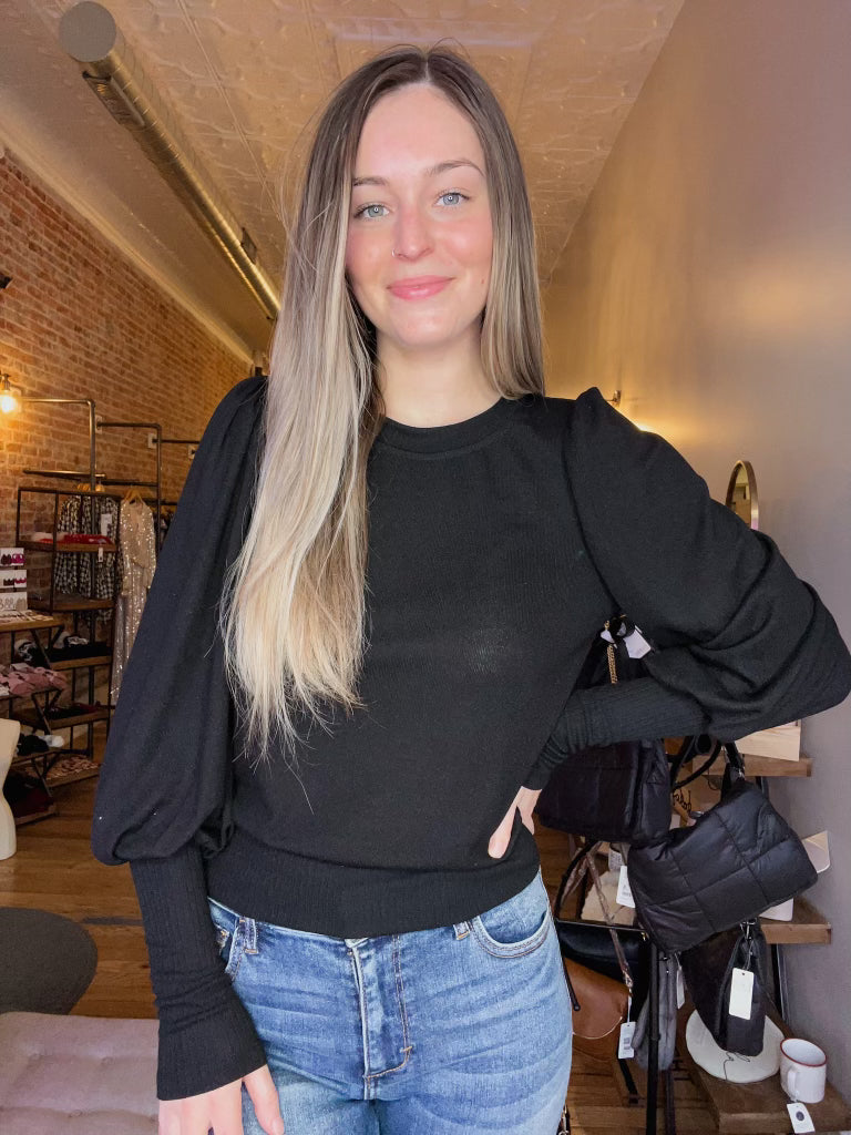 Puff Sleeve Knit Top - Black