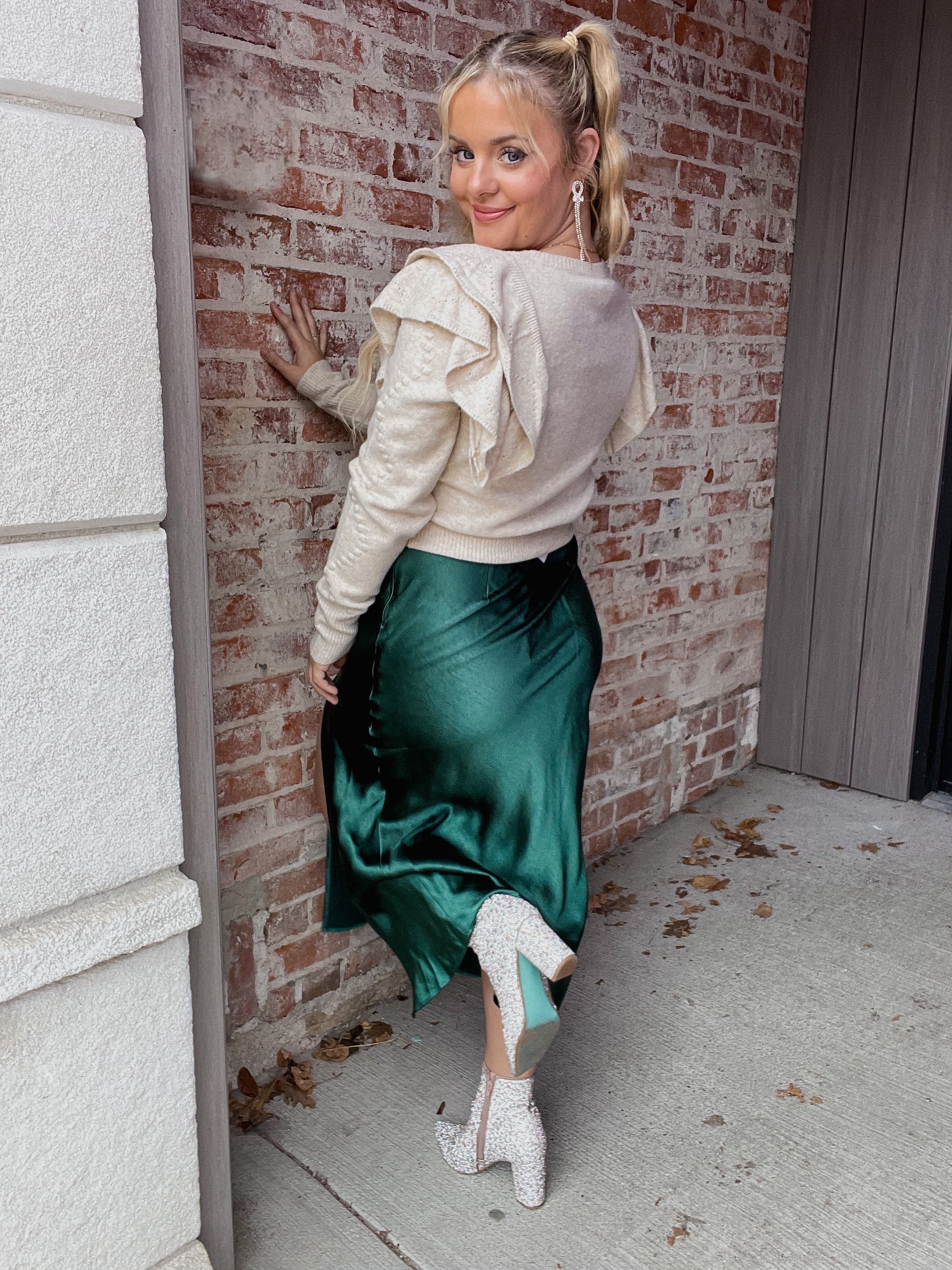 Emerald Satin Midi Skirt