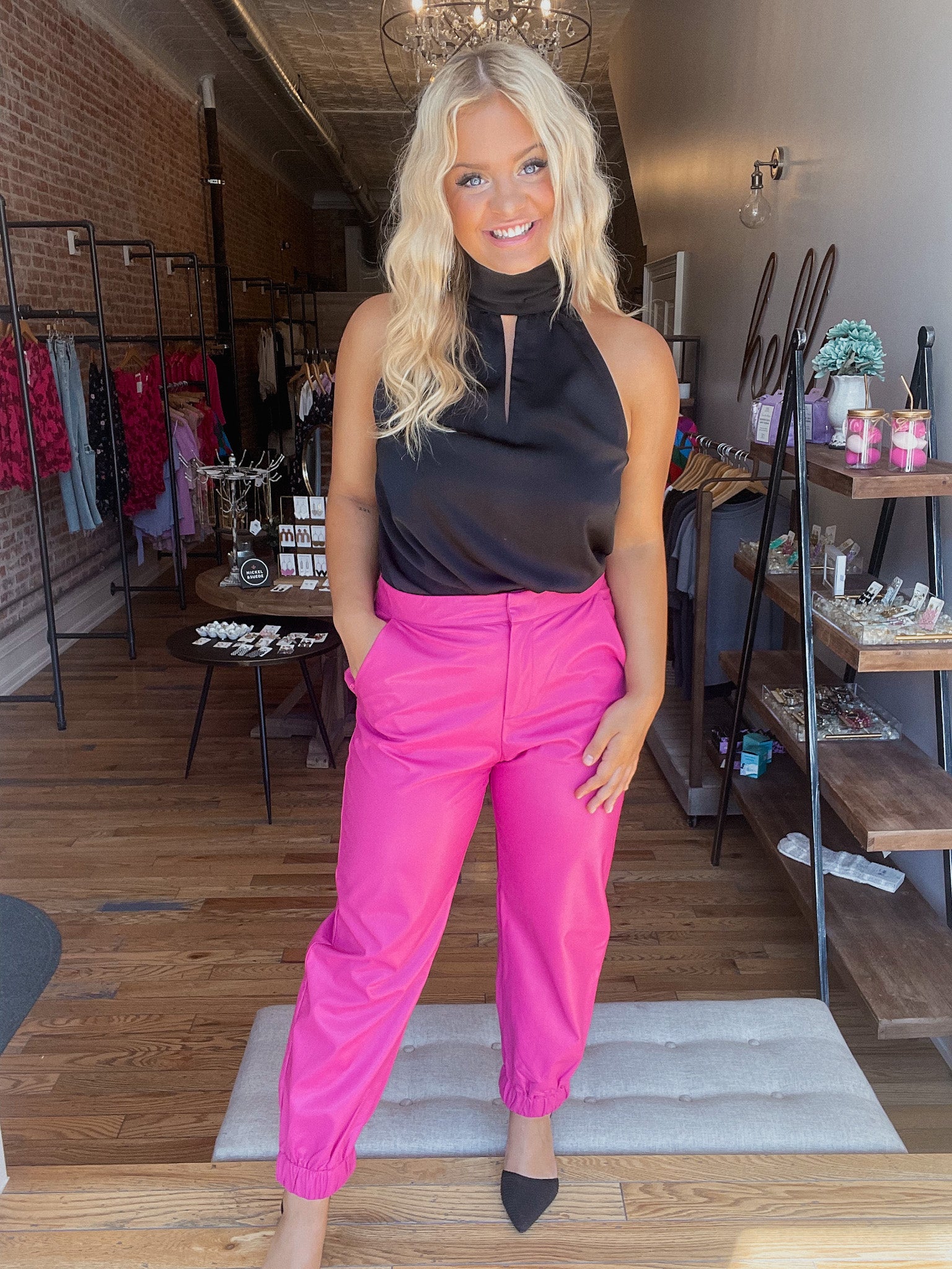 Magenta Faux Leather Joggers