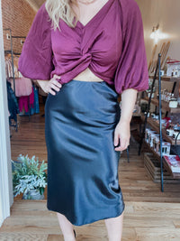 Santa Tell Me Satin Midi Skirt