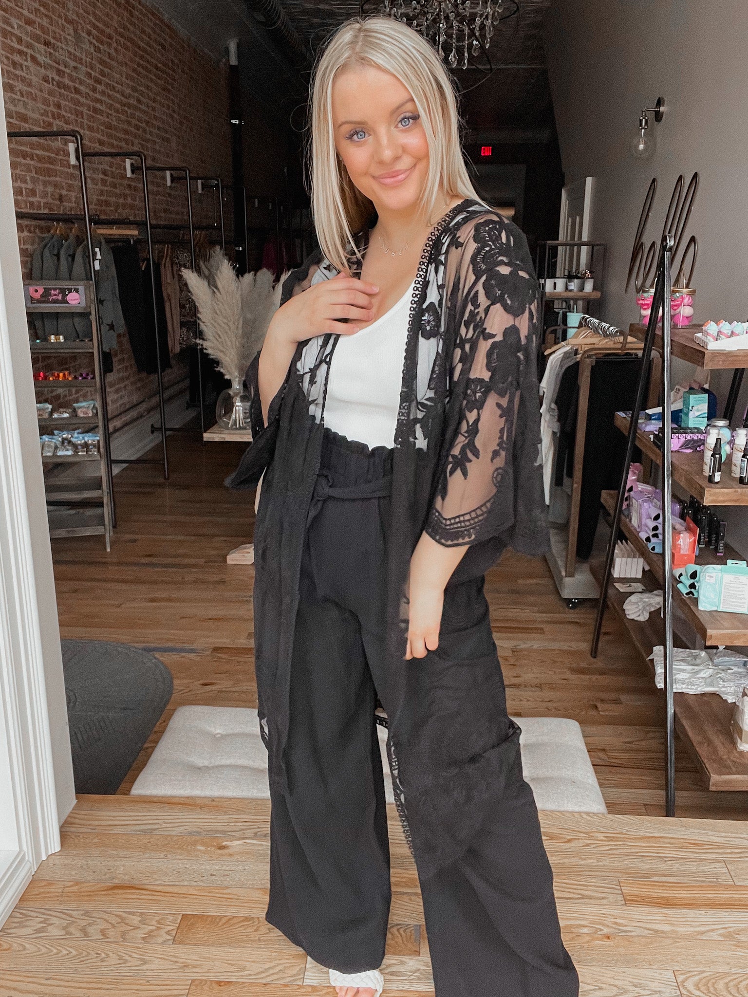 Crocheted Open Front Kimono - Black