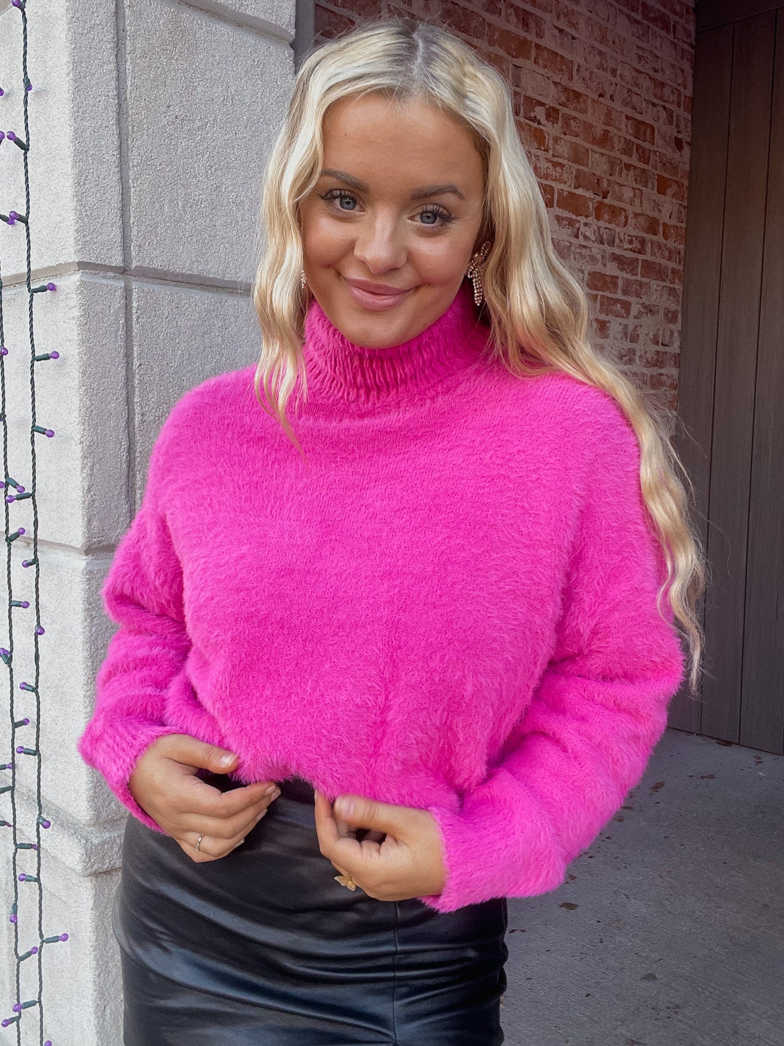 Fuzzy Turtleneck Sweater - Hot Pink
