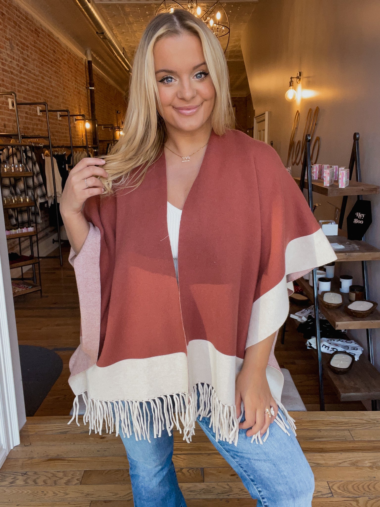 Fringe Colorblock Poncho