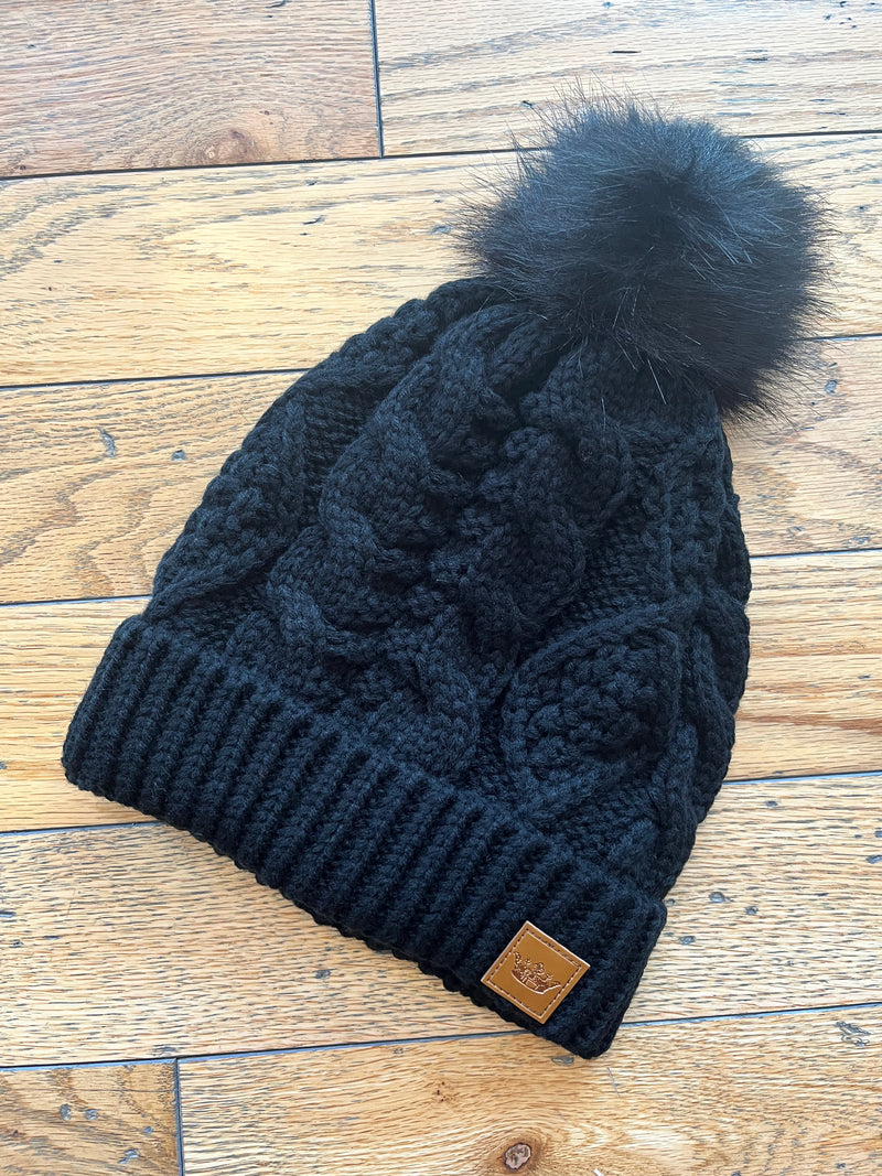 Black Cable Knit Fleece Lined Beanie With Pom