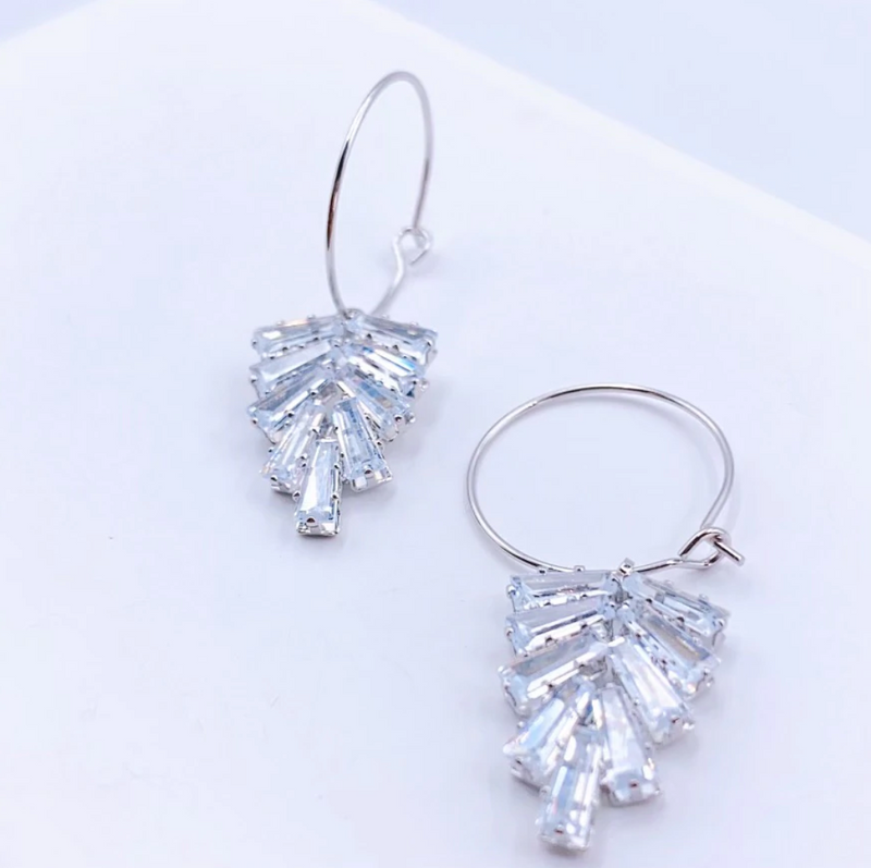 Crystal Leaf Earrings - Silver