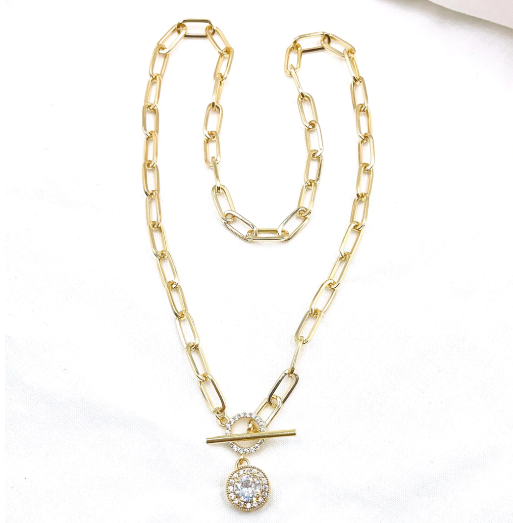 Gold Drop Toggle Crystal Necklace