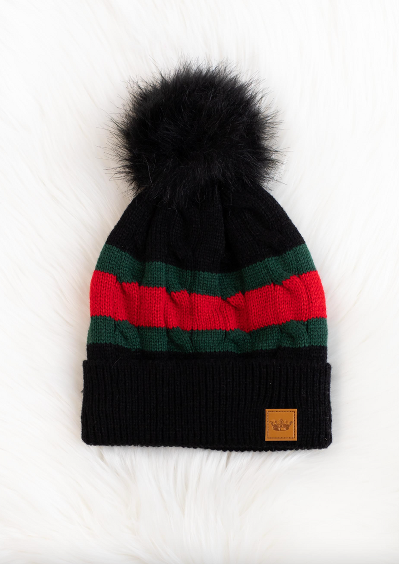 Wide Green & Red Stripe Hat - Black